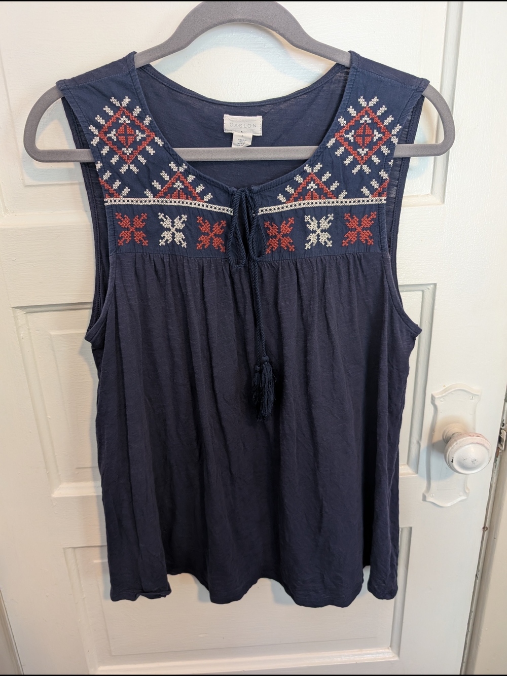 Caslon Navy Sleeveless Embroidered Tank with Tassel Tie